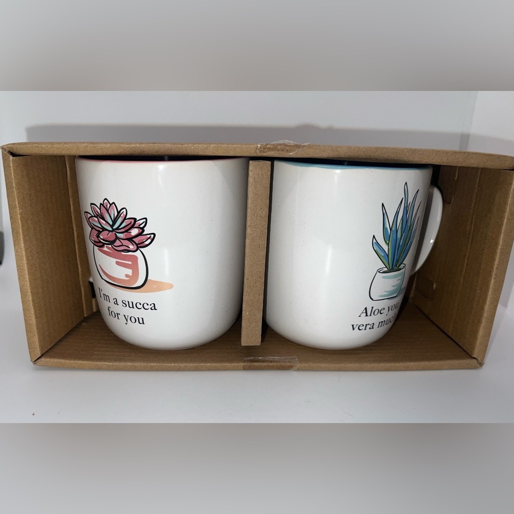 Two ceramic mugs featuring succulent illustration, and cute quotes, New